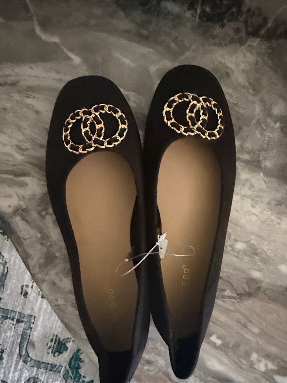 BAMBOO Black Flats with Gold Chain Detail